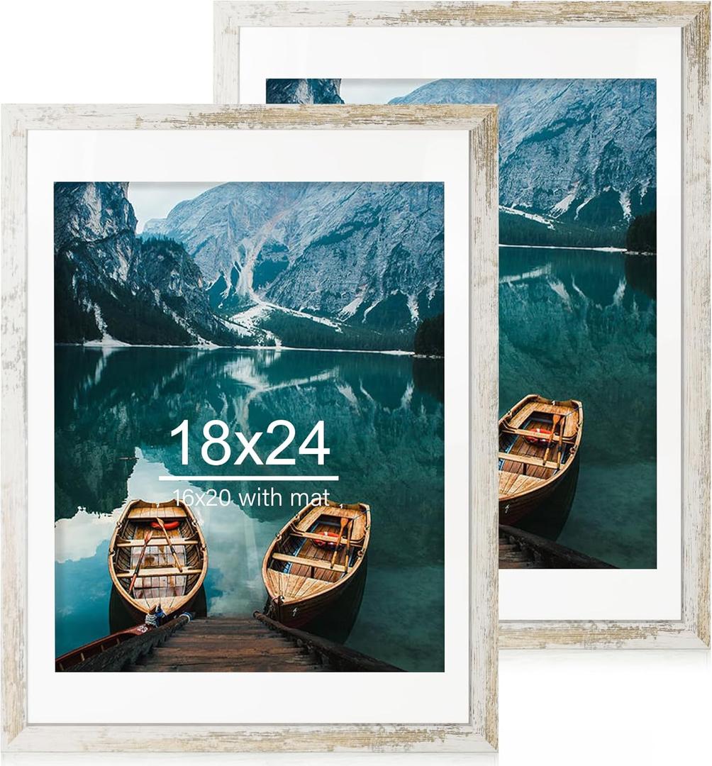 Hongkee 18x24 Frame Set of 2, Distressed White Wood Style - Display 18 x 24 Poster without Mat or 16x20 Picture with Mat, Wall Mounting Horizontal and Vertical