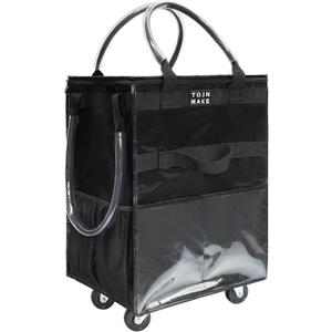 Reusable Grocery Bag with Wheels (Large, Black), Shopping Trolley with 8 Pockets and Zipper Cover Foldable Rolling Tote for Women, Kitchen, Travel, Carries Up to 66LBS