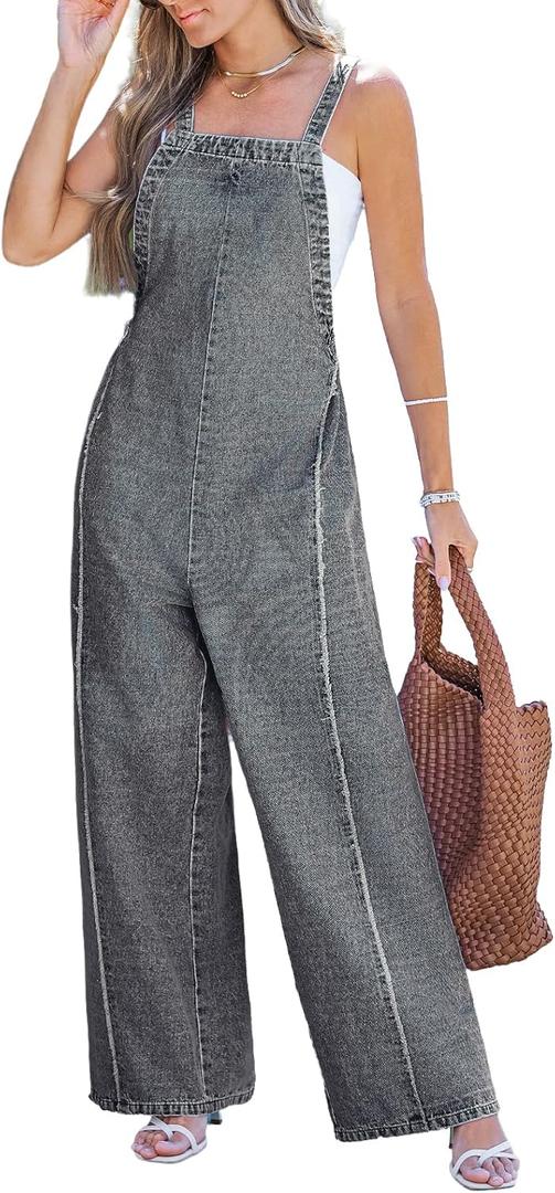 CUPSHE Womens Maxi Denim Jumpsuit Square Neck Sleeveless Casual Backless Loose Overall Jeans Wide Leg Long One Piece Jumpsuit (L)