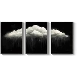 Large Framed Dark Moody Wall Art for Living Room, 3 Piece Academia Goth Canvas Prints Artwork for Walls, Black and White Rainy Cloud Surreal Pictures for Bedroom Wall Decor - Total Size 30x60 Inch
