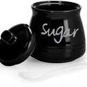 Porcelain Sugar Bowl with Lid and Spoon, 12 Ounces Ceramic Sugar Storage Jar, Sugar Container for Home and Kitchen (Black)