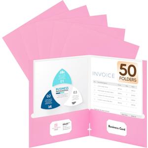 50 Packs Two Pocket Folders,Two Pocket File Folders with Business Card Slot,Pink,Letter Size,Paper Folders with Pockets for School Office Home Business