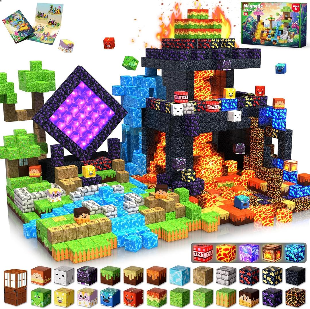 Magnetic Blocks - 300 PCS with Light Up Blocks Dinosaur Volcano Forest Castle Set - Kids Classroom Sensory Toy for Toddlers STEM, Construction Stacking Toy Kids 3+ Boys Girls Christmas Birthday Gifts