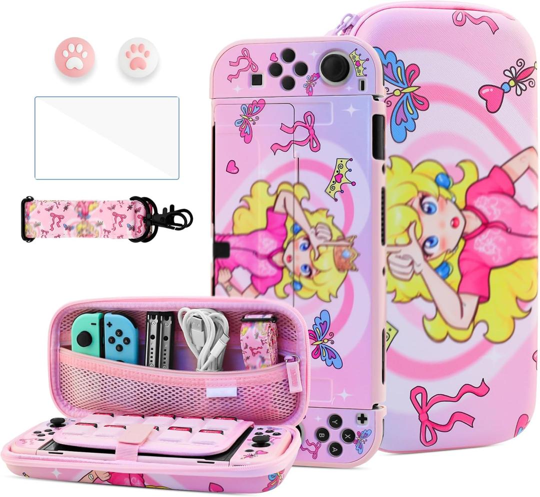 HYPERCASE Cute Switch OLED Carrying Case Kit for Princess, with Pink Girly Switch OLED Travel Bag Pouch, PC Hardshell OLED Cover Skin, Screen Protector, Shoulder Straps & 2 Kawaii Thump Caps