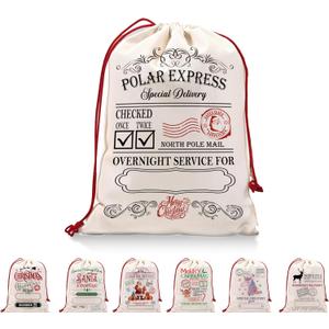 DOI-LANEE Santa Claus Sacks, Polar Express Canvas Bag, Christmas Gifts Bag with Drawstring, Xmas Gifts for Women Men, Christmas Eve New Year Xmas Presents for Children (White 01)