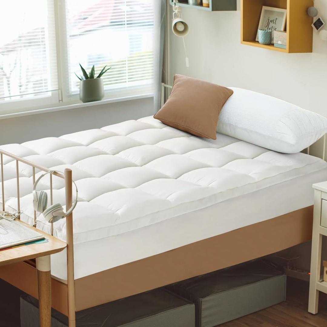 CYMULA Mattress Topper Twin Size - Soft Cooling Mattress Pad for College Dorm Room Essentials - Extra Thick Twin Protector Cover for Back Pain, Single Bed Topper Pillow Top with 8''-21'' Deep Pocket (White)