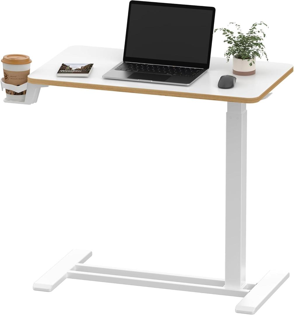 SANODESK Medical Adjustable Overbed Bedside Table with Hidden Casters, Pneumatic Mobile Laptop Computer Standing Desk Cart with Tray, Hospital and Home Use(27.6" W x 15.7" D, White) (Small)