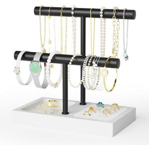 SZQINJI Bracelet Holder Organizer Jewelry Display Stand, Solid Wood Base with 2 Tier Metal T-bar for Bracelet Wristband Bangle Watch Necklace Hanging, White, Christmas Gift