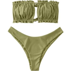 ZAFUL Women 2 Piece Strapless Bikini Swimsuits Ruffle Ribbed Self Tie Bandeau Bikini Set High Cut String Bathing Suits (Medium, 1-grass Green)