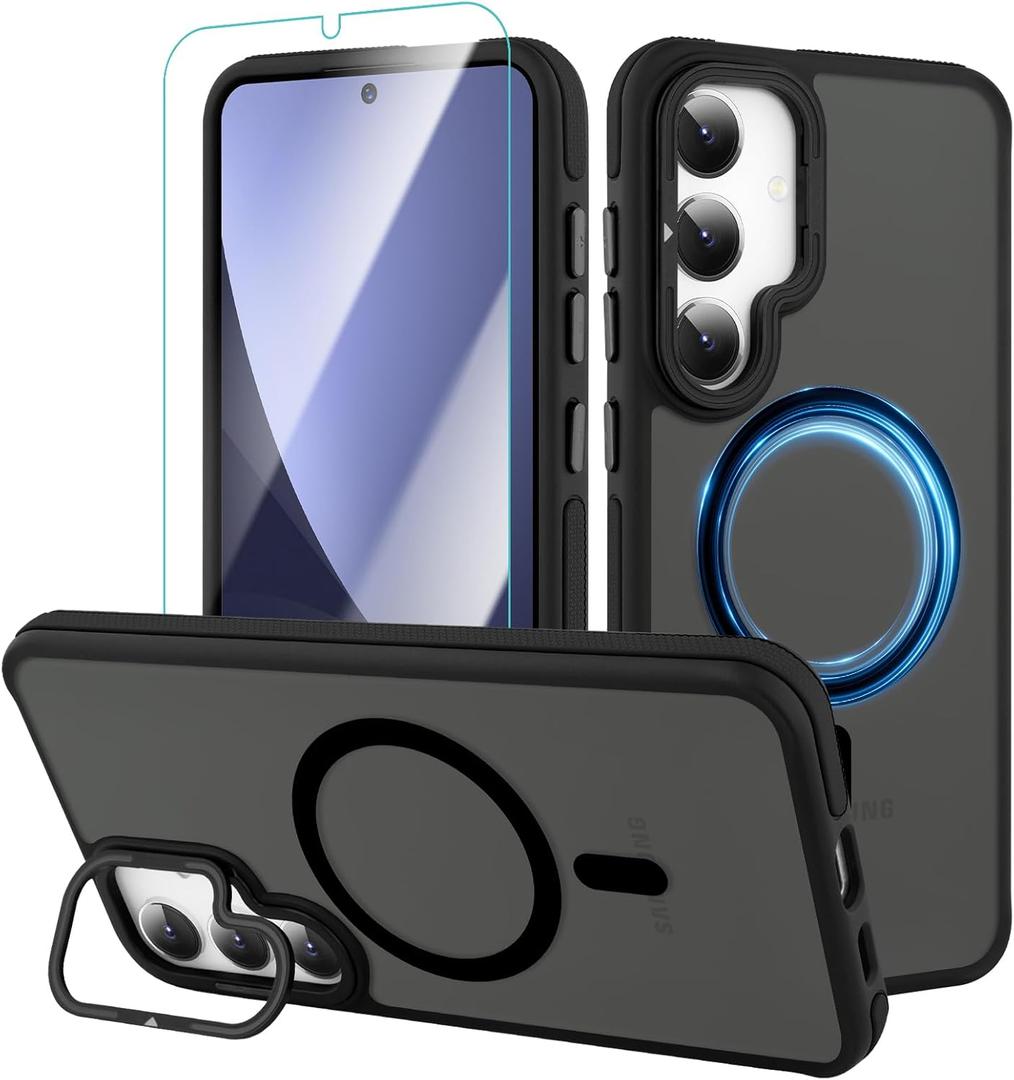 AIGOMARA Magnetic for Samsung Galaxy S25 Case with Invisible Camera Stand, [Compatible with Magsafe] [Military-Grade Protection] Slim Anti Scratch Protective Case Women Girls 6.2", Black