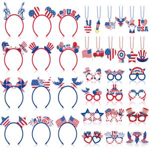 36 Pcs 4th of July Accessories Patriotic Red White Blue Party Favors Felt Headband Eyeglasses Beaded Necklaces Independence Day Costume Accessories for Memorial Day Parades Party Decoration