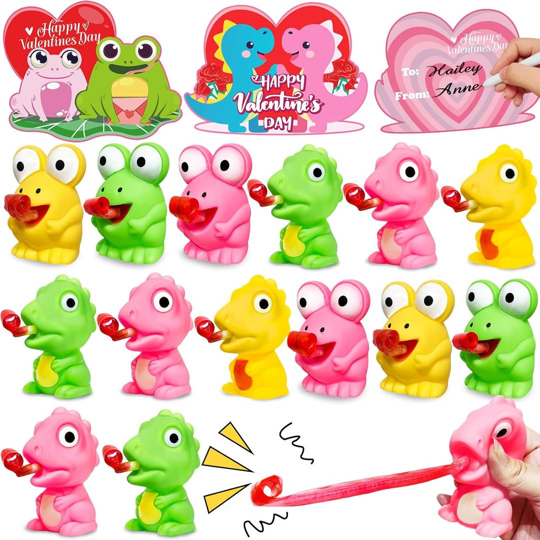 Valentines Day Gifts for Kids Teens 24 Pack Valentines Cards with Squeeze Animals Frog Dinisaur Toys Tongue Sticking Out,Sensory Fidget Toys for Boys Girls Classroom Exchange Prizes School Party Favor