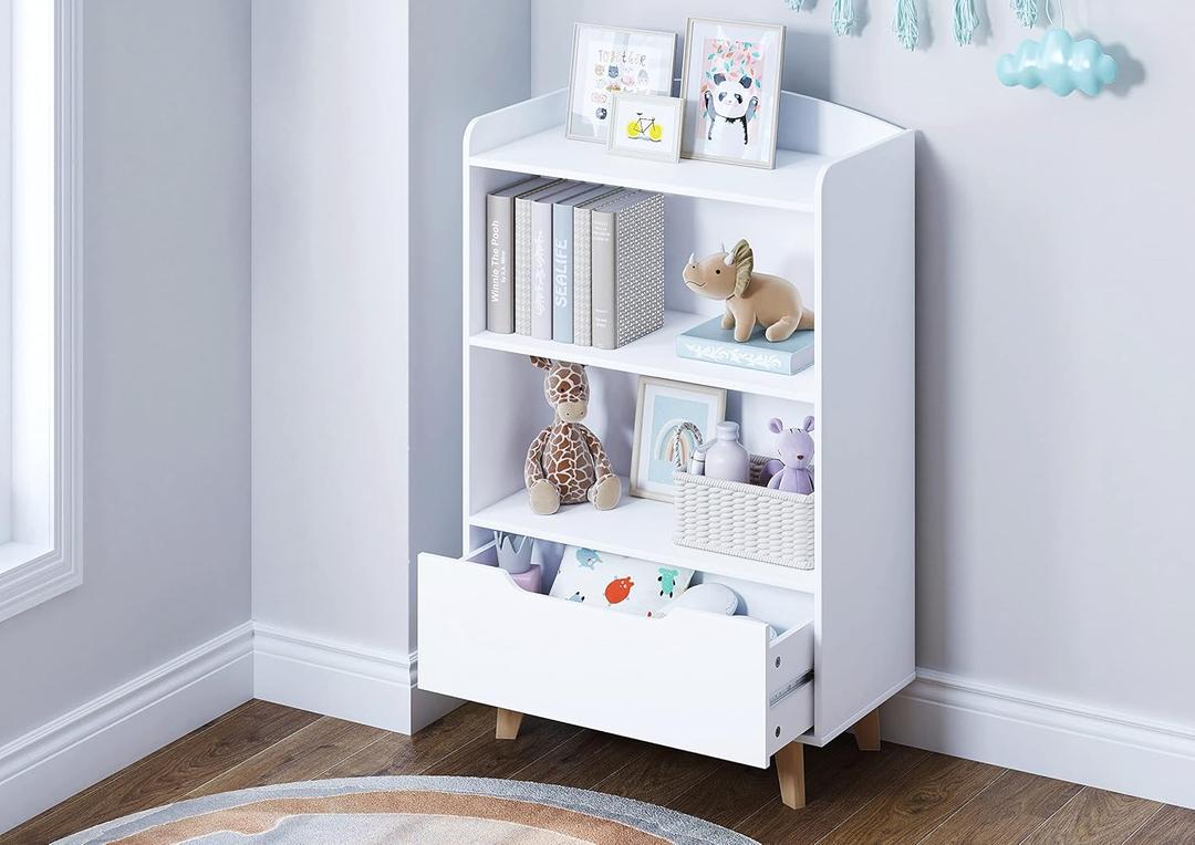 UTEX Kids Bookshelf, Children Bookcases with Storage and Drawer, Wood Kids Toy Storage Organizer for Playroom, Nursery School, White