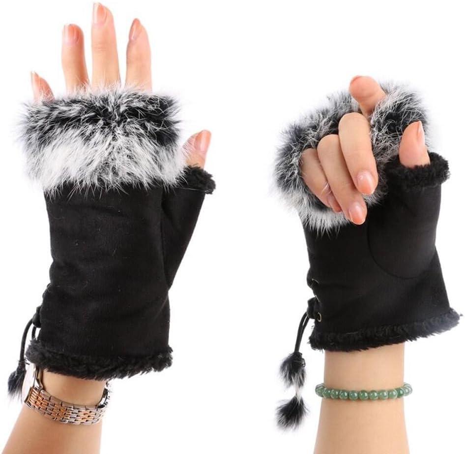 ITODA Suede Women Fingerless Gloves Faux Fur Warm Wrist Half Finger Driving Texting Winter Fuzzy Cold Weather Warmer Mitten (Black)