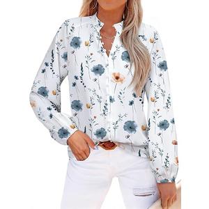 AGSEEM Women's Lantern Long Sleeve Blouse Button Down Floral Printed Chiffon Boho Shirts Business Work Dressy Casual Tops Fall Outfit 2025, Large