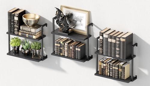 DEMEGA Wall Mounted Bookshelves Set of 3, Floating Shelves for Wall, 6-Tier Wooden Hanging Bookshelf, Easy Installation Book Organizer for Home Office, Living Room, and Bedroom