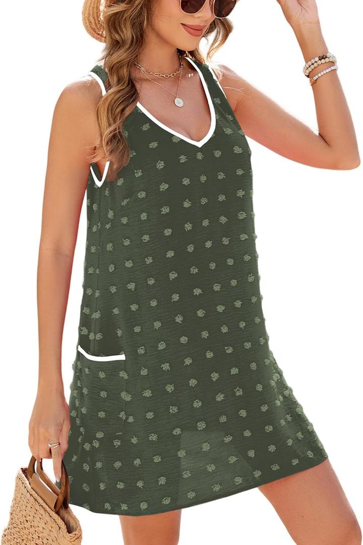 Urchics Swimsuit Coverup for Women 2025 Summer Beach Bathing Suit Cover Up Swiss Dot Sleeveless V Neck Tank Mini Sun Dress (X-Large, Army Green)