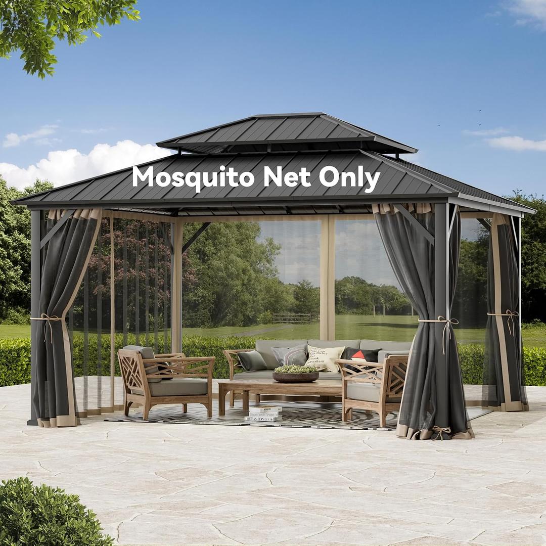 Covered Outdoor Gazebo Mosquito Netting Replacement Universal 4-Panel Sidewalls 12' x 14', Outdoor Gazebo Mosquito Nettings with Double Zipper, Replacement for Patio Canopy, Garden (Mosquito Net Only)