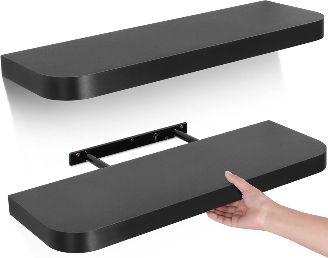 Gronda Black Floating Shelves for Wall, 24 Inch Wall Mounted Wood Shelf Set of 2, Modern Home Decor Storage Large Shelf Long Heavy Duty for Bathroom, Bedroom, Kitchen, Office, Living Room