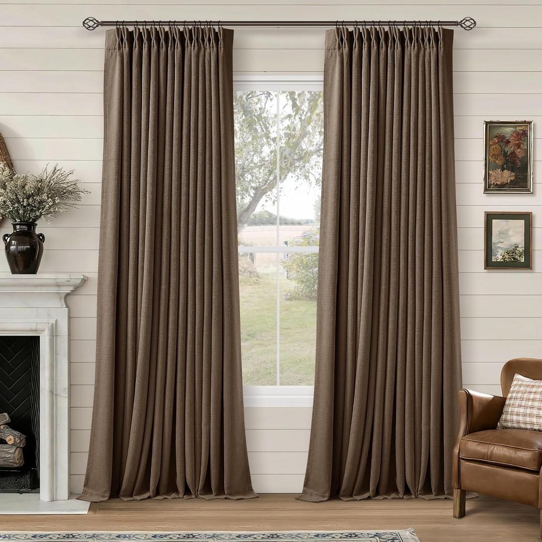 Latte Brown Pleated Linen Blackout Curtains 90 Inches Long for Bedroom Living Room Pinch Pleat Black Out Thermal Insulated Room Darkening Ring Hooks Room Darkening Drapes Curtains with Liner 40x90