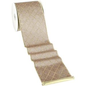 MAYREEL 4 Inch Taupe and Gold Velvet Wired Ribbon Metallic Diamond Glitter Grid for Christmas Gift Wrapping Floral Craft Bows Wreaths Garland Wedding Holiday Decor 10 Yards