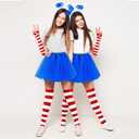8 Pcs Women Blue Red Striped Costume Set Outfit Accessories Tutu Skirt Long Knee High Sock Striped Glove Headband (Blue)