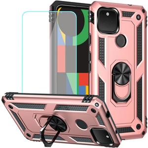 for Pixel 4A 5G Case, Pixel 5XL G025I Case with Tempered Glass Screen Protector, [Military Grade] [Metal Ring] [Magnetic Support] Heavy Duty Armor Cover for Google Pixel 4A 5G (Rose Gold)