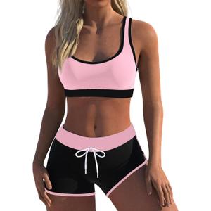Womens Sport Two Piece Swimsuits Racerback Tops Boyshort Bottom (Small, Pink&rose)