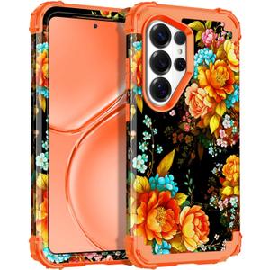 Casetego for Galaxy S26 Ultra Case,Three Layer Heavy Duty Sturdy Shockproof Protection Full Rugged Hard PC+Soft TPU Bumper Protective Girls Case for Samsung Galaxy S26 Ultra 5G 6.9 inch,Orange Flower