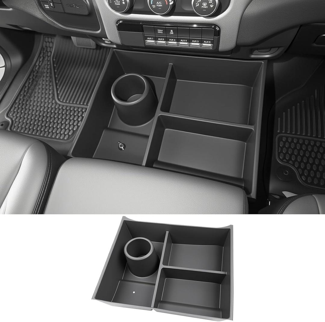 Center Console Floor Organizer for 2013-2018 Dodge Ram 1500 & 2019-2024 Ram 1500 Classic & 2013-2026 Ram 2500 3500 Accessories, Beach Seat Storage Box Tray with Cup Holder (Not for 2019-2026 New Body)