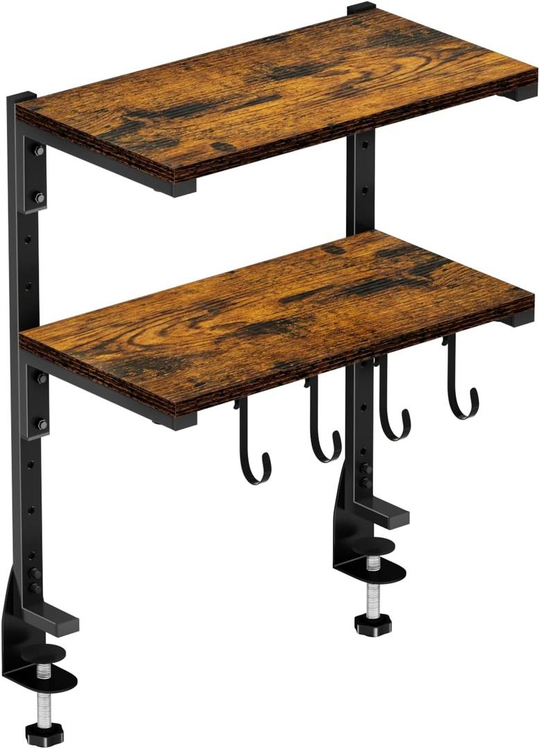 Clamp-on Desk Shelf, 13 inch Above or Below Desk 2-Tier Shelving, Adjustable Metal Storage Tray for Gaming Devices or Office Desk Accessories and More, Brown, Patent Pending