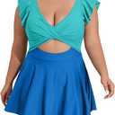 B2prity Women's Plus Size Swimsuit Tummy Control One Piece Swimdress Ruffle V Neck Cutout Wrap Bathing Suit with Skirt (2XL)