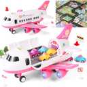 Dwi Dowellin Pink Airplane Toy with 6 Truck Cars and Play Mat,Plane with Lights and Sounds for 3 4 5 6 7 Years Old Toddlers Boys and Girls