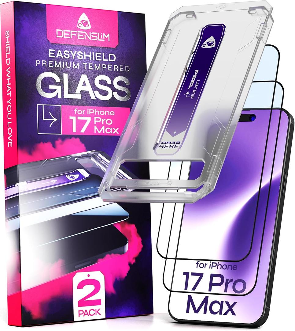 Defenslim for iPhone 17 Pro Max Screen Protector (2Pack), Easy Auto-Align Install Kit, 6.9" Tempered Glass, 9H Hardness, Ultra HD Clear, Case Friendly, EasyShield
