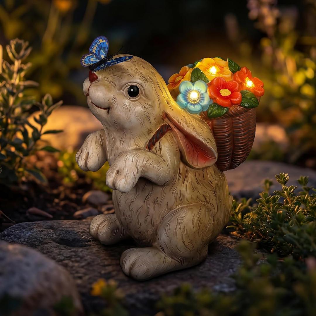 PETAFLOP Solar Garden Statues Outdoor Decor, Rabbit with Flower Basket & Butterfly for Patio Balcony Backyard Lawn Yard Decorations, Father’s Day Birthday Housewarming Gifts for Women, Mom, Grandma