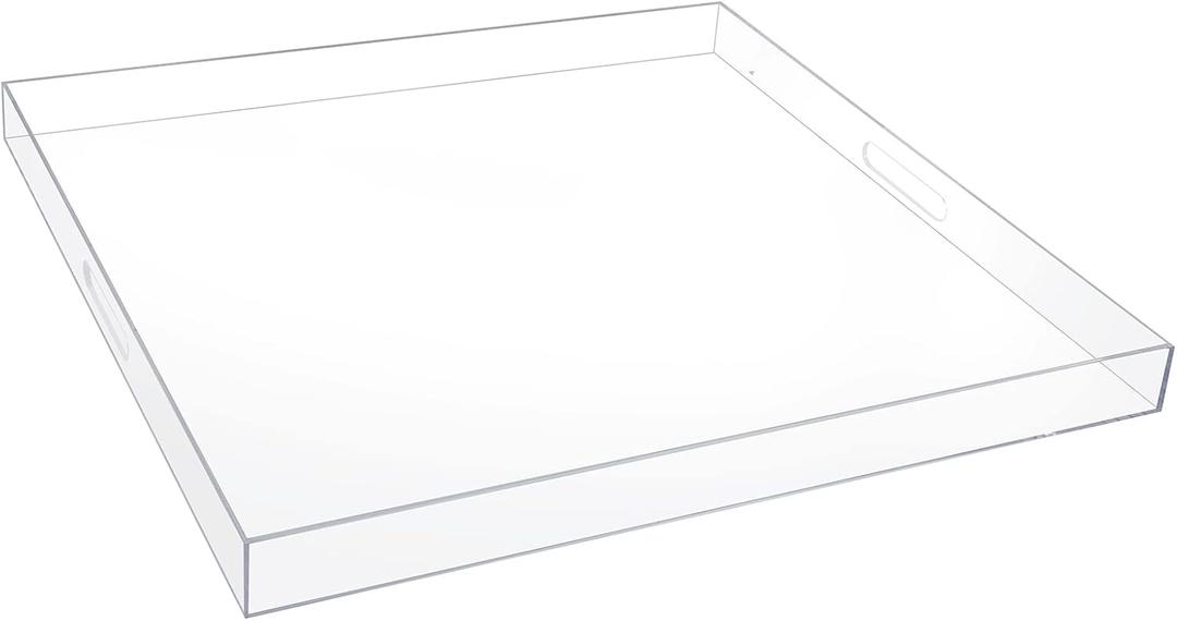 24×24 Inch Clear Acrylic Serving Tray with Handles Extra Large Ottoman Tray Decorative Tray Spill-Proof Coffee Table Space Saver Oversize Counter top Organizer Platter with Safe Edge
