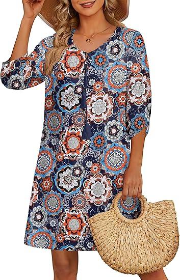 HOTOUCH Women Casual Beach Summer Dress Boho Tassel Tie Neck 3/4 Long Sleeve Short Floral Print Flowy Cover Up Sundresses, Dark Blue, XL