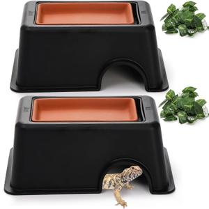 Suwimut 2 Pack Reptile Hide Box, Small Animal Hideout Plastic Hide Cave with Sink Humidifier, Pet Habitat Decor Hideaway Hut with Flexible Leaves for Lizard Gecko Snake Leopard Spider Turtle Amphibian