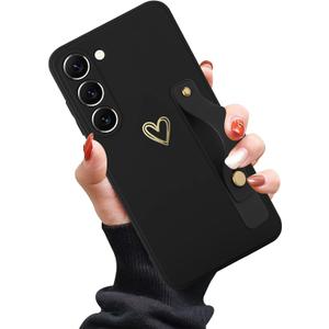 Compatible with Samsung Galaxy S23 Case for Women Girls, Cute Gold Love Heart Pattern with Wrist Hand Holder Stand Soft Silicone Kickstand Protection Cover (Black)