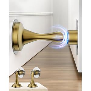 Magnetic Door Stopper for Bottom of Door Catch, Heavy Duty Magnets Door Stops Holder to Keep Door Open, No Drill Strong Adhesive & Screws, Wall & Floor Mounting Stainless Steel Doorstop 2 Pack Gold