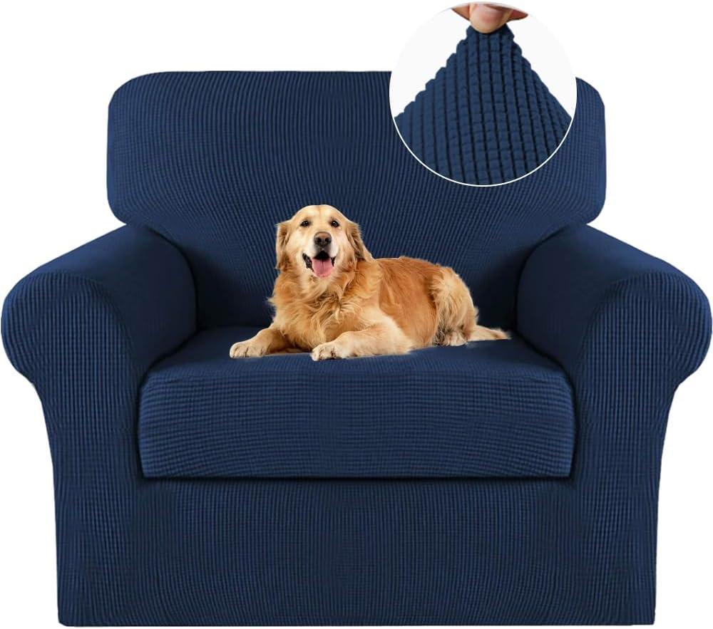 Turquoize 2 Piece Chair Covers Chair Slipcovers for Living Room Armchair Sofa Covers Chair Couch Cover with Arms Washable Furniture Protector for Chairs Feature Thick Jacquard Fabric (Chair, Navy) 37"D x 46"W x 41"H