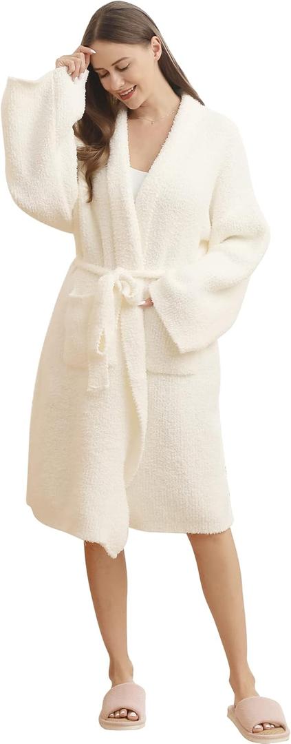 Bearberry Cozy Robe Lightweight Soft Plush Bathrobe with Pockets for Women (One Size, Cream-Hoodless)
