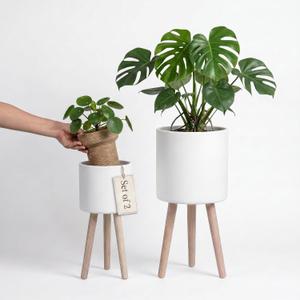 2 Pack Plant Stand Indoor Metal Planter Holder Wooden Leg Modern White