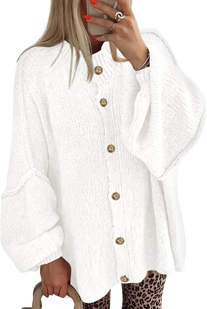 BTFBM Cardigan Sweaters for Women 2026 Fall Clothes Lantern Long Sleeve Button Open Front Chunky Knit Oversized Sweater (Medium, White)