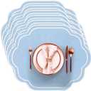 Breling 6 Pcs Wedding Placemats Scalloped Embroidered Cotton Linen Placemats 17" x 13" Double Layered Machine Washable Table Place Mat for Party Table Decor (Light Blue)