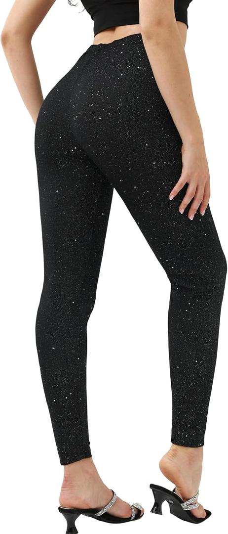 Women's High Waisted Black Shiny Sequin Pants, Casual Elastic Waist Sparkle Glitter Skinny Leggings for Women (Black, L)