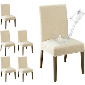 MOSAYT 100% Waterproof Dining Room Chair Covers Set of 6, Super Fit Stretch Jacquard Parson Chairs Slipcovers Removable Washable Chair Seat Protectors for Home, Kitchen, Banquet (Beige)