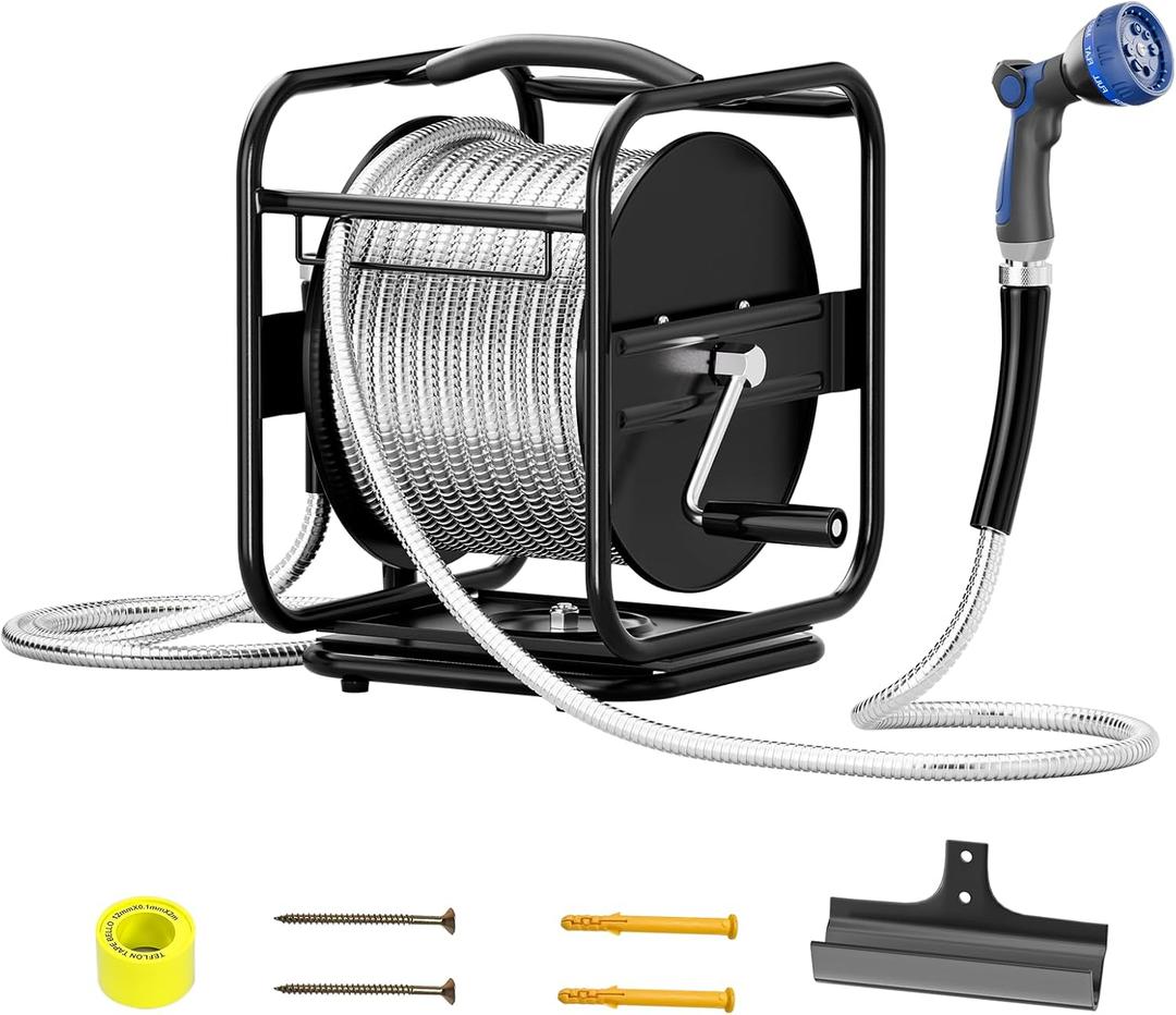 100ft Retractable Garden Hose Reel, Wall Mounted Metal Garden Hose Reel, Heavy Duty Stainless Steel Hose Reel with 9-Pattern Nozzle for Outside, Portable & 360 Rotation Frame