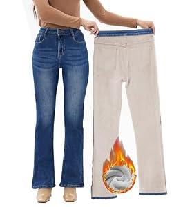 Yehopere Women's Fleece Lined Straight Flare Leg Winter Thermal Flannel Lined Jean Denim Trouser Pant, Bootcut 01, Medium