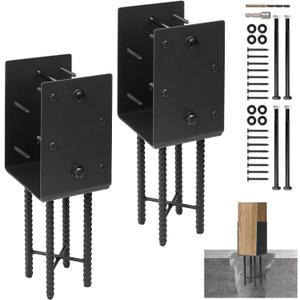 Heavy Duty U-Shape Metal Post Base Holder, 6''x6'' (Internal 5.5"x5.5"), Wet Concrete Foundation Post Holder for for Wood Fence, Railing, Pergola, Porch (Black - Set 2)